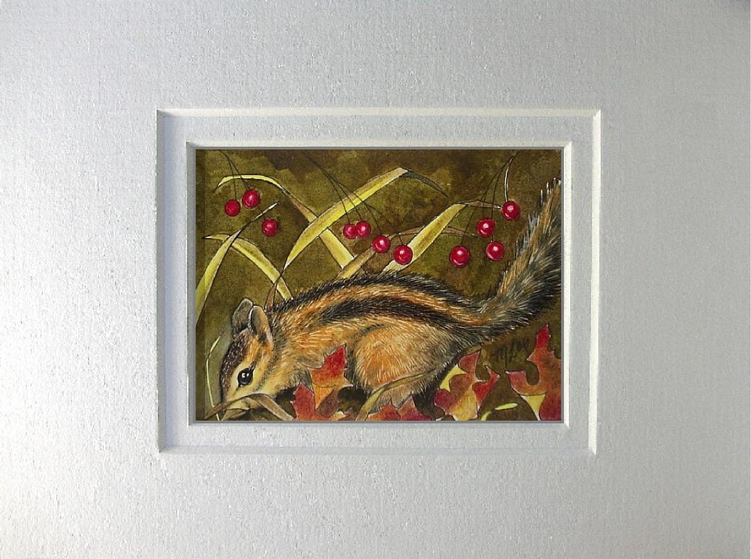Matted ACEO Print Fall Chipmunk Art by Melody Lea Lamb