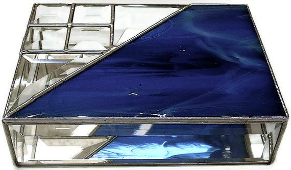 Stained Glass Jewelry Box, Blue With Beveled Corner