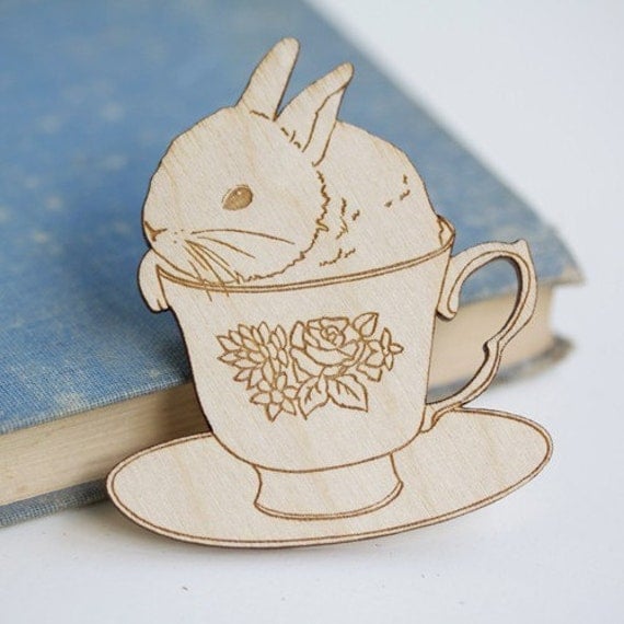 Wood bunny brooch