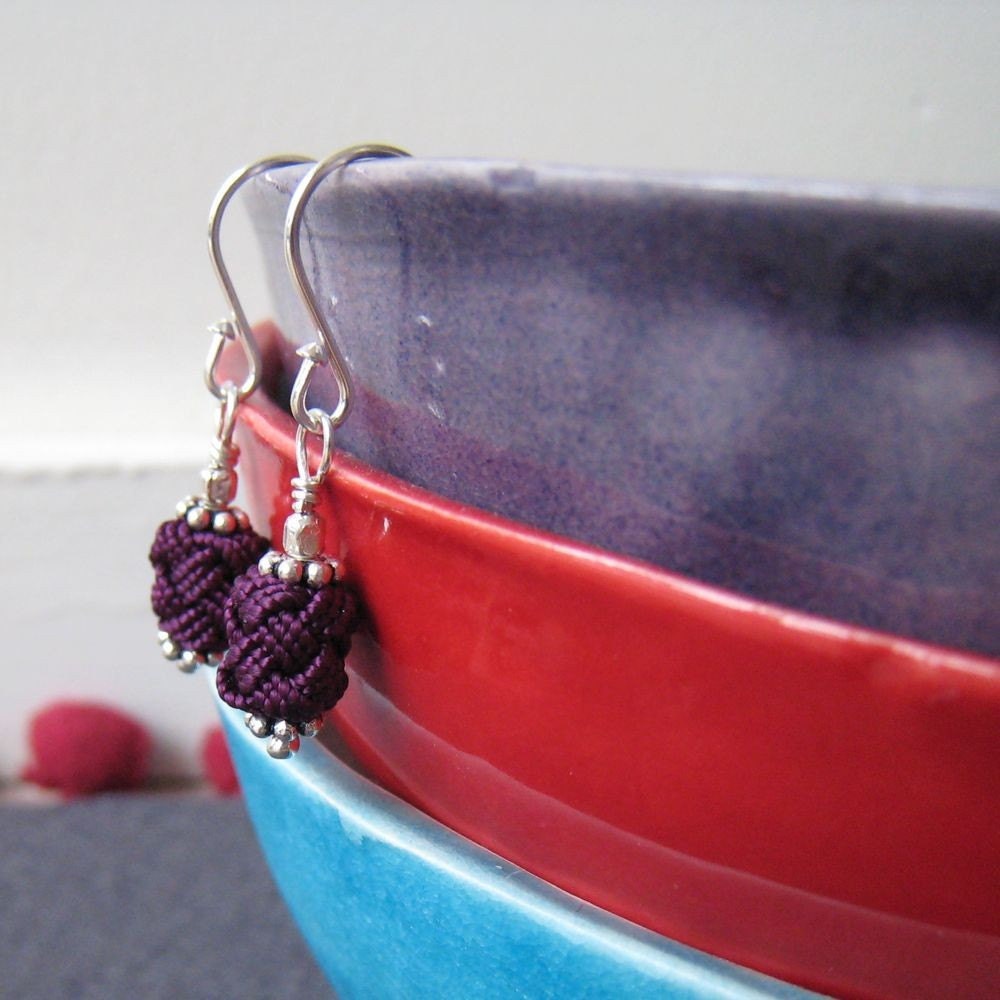 SALE Textile jewelry - sterling silver earrings with purple moroccan fabric bead