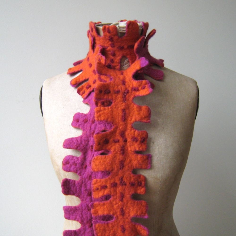 Special edition two sided felted scarf in fushia and orange with red accents