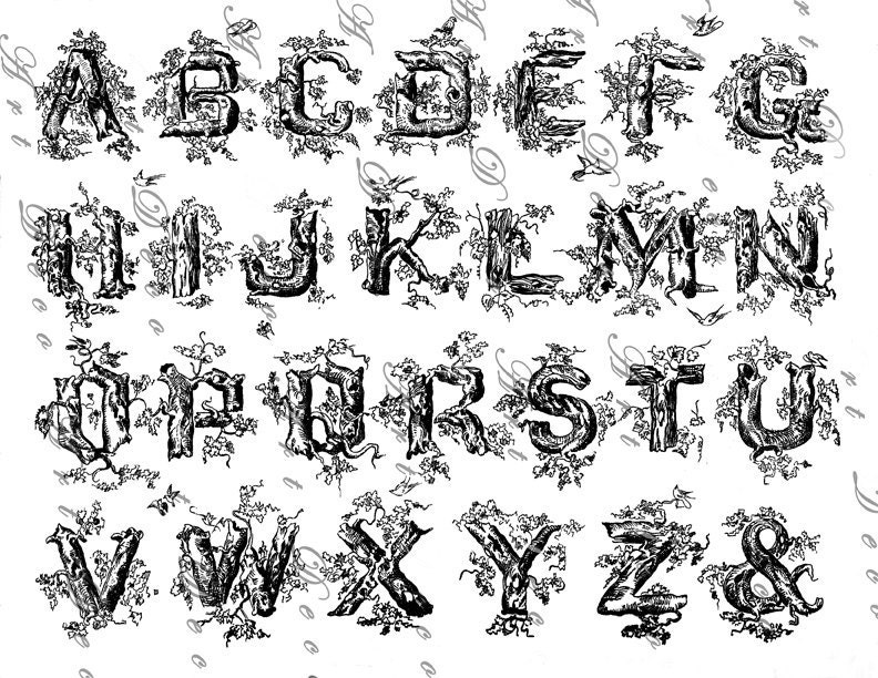 INSTANT DOWNLOAD...19th century rustic woodland alphabet font...digital illustration no. 609