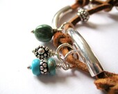 Beaded Leather Silver and Turquoise Bracelet, Double Treasure