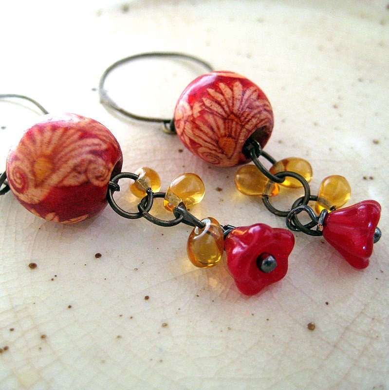 Street Fair Red and Gold Handpainted Wood and Glass Beaded Dangle Earrings