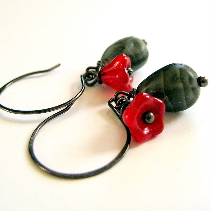 Twilight Oxidized Silver Earrings with Red Glass Tulips and Gray Glass Beads