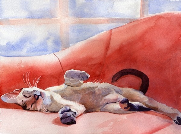 Oriental Lynx Tabby Siamese Cat Art Print of my watercolor painting Next Act