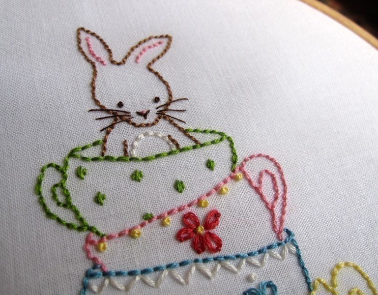 Bunny and Her Teacups Hand Embroidery PDF Pattern - Instant Download