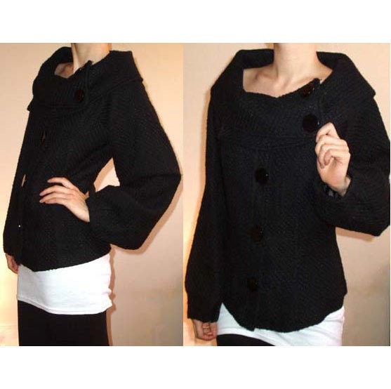 BLACK Boucle Tweed Wide Shawl Neck Foldover Collar Balloon Sleeves Jacket Coat