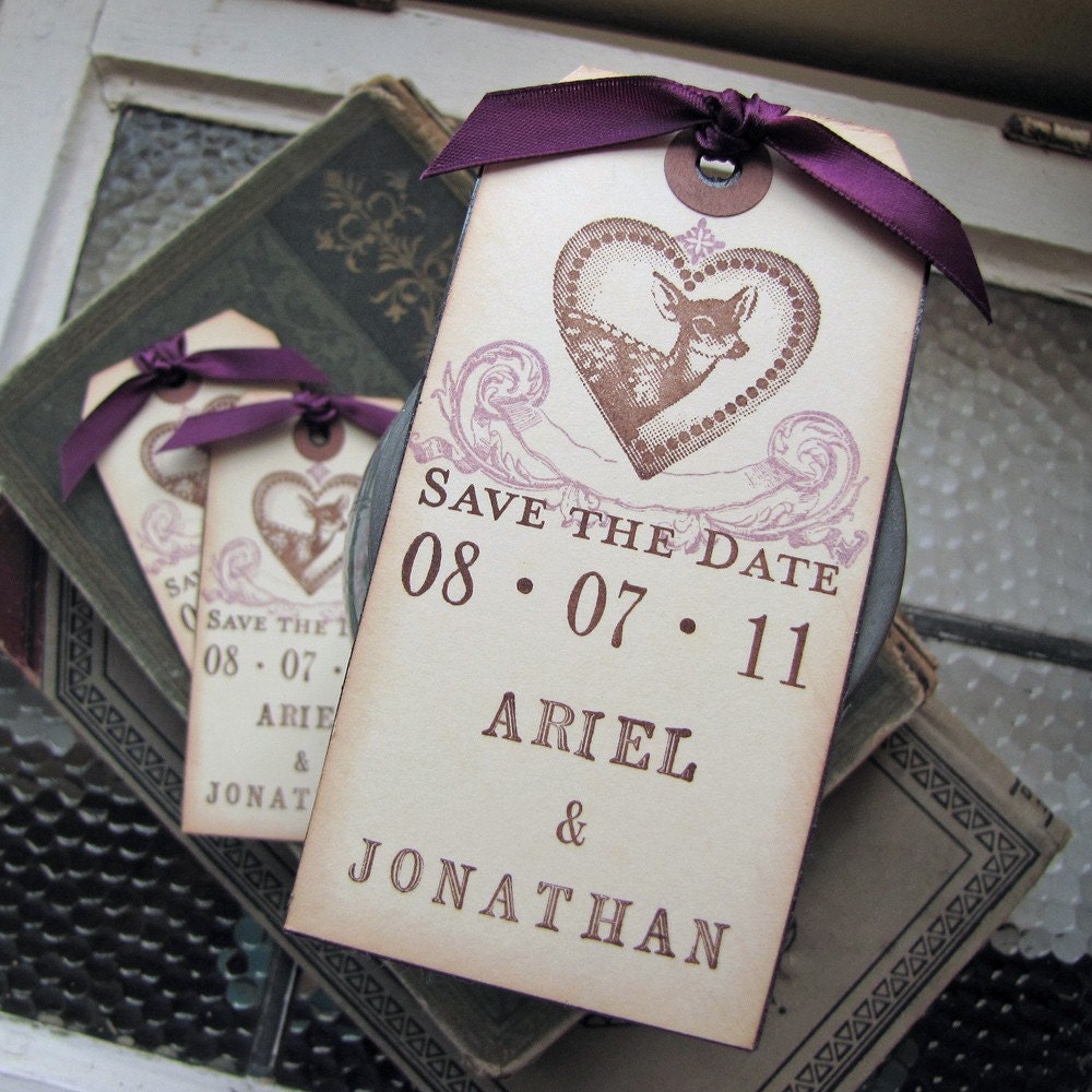 Rustic Woodland Wedding Save the Date Shipping Tag Magnet Deer Heart