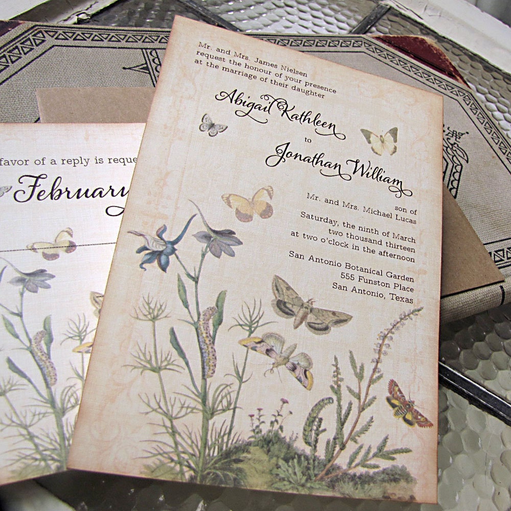 Vintage Wedding Invitation- Botanical Butterflies- Garden Wedding