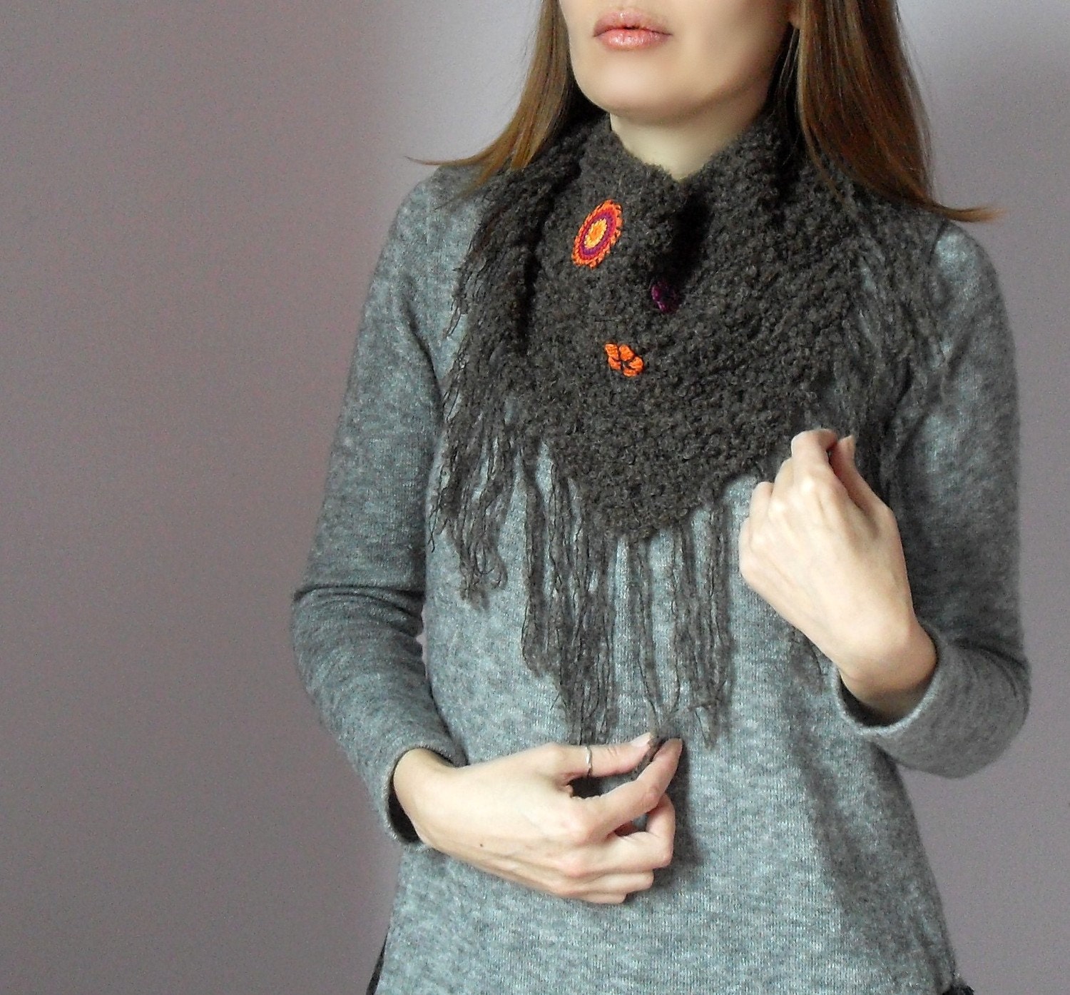Knitted Fringe Cowl/Scarflette Dark brown and Black with crochet appliques - Handmade
