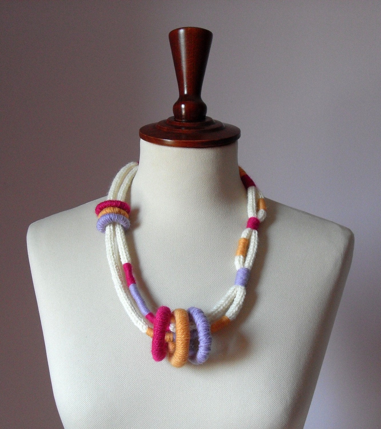 Knitted Necklace White Cream Pink Lilac Orange - Fiber Art Textile Necklace - Handmade - ETHNIC (06)