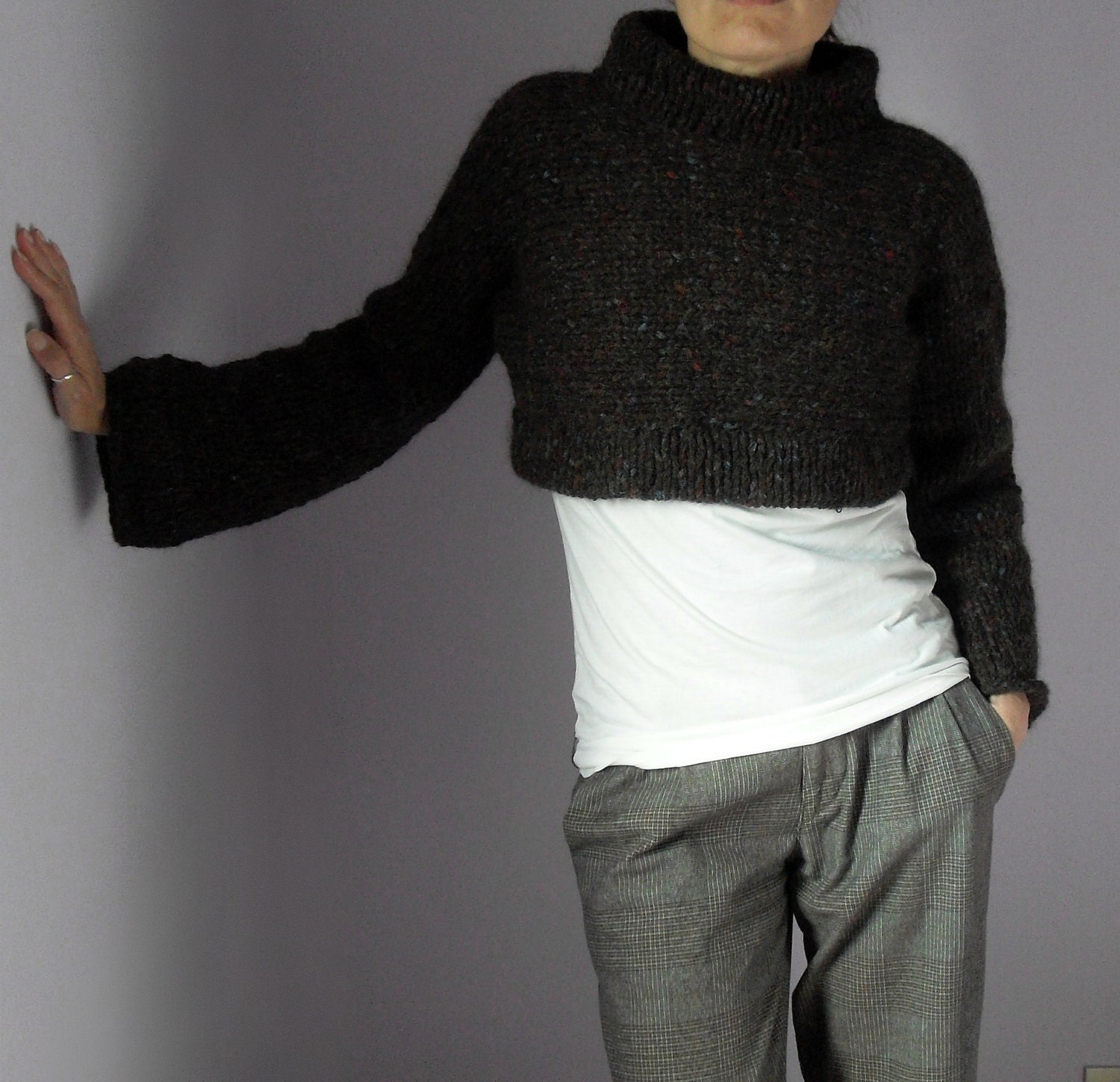 Knitted Sweater Cropped Turtleneck Handmade with long Sleeves brown chocolat - Knitwear Italian fashion