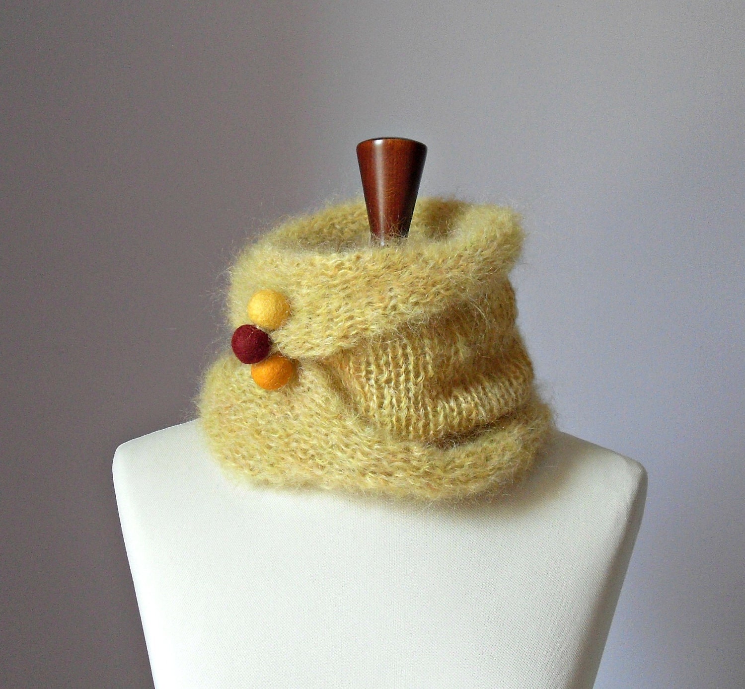 Knitting Cowl Neckwarmer Yellow Mustard - Handmade - Mohair - One size