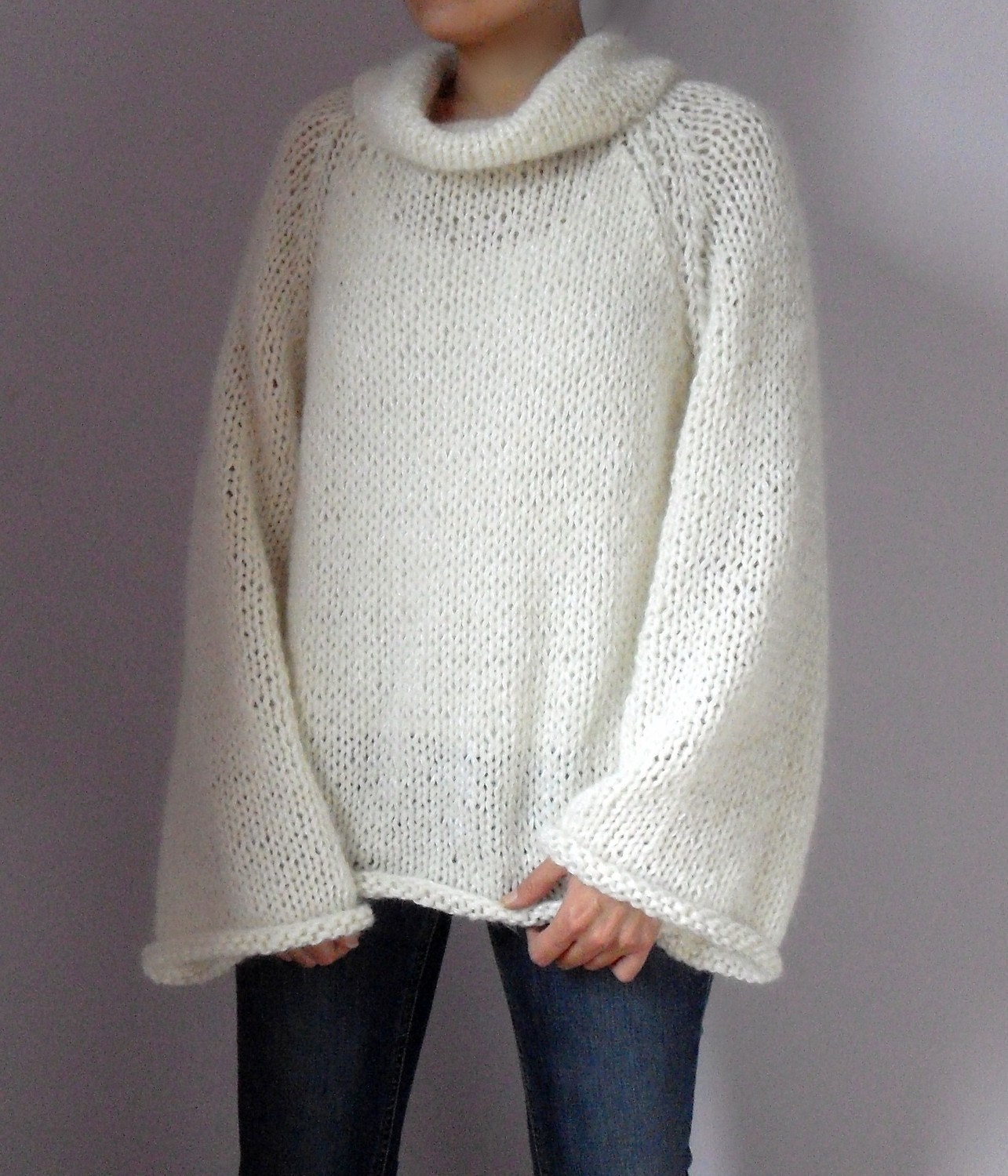 Knitted Sweater with long Sleeves Turtleneck Pure white - Handmade - Super soft Italian Kid Mohair (luxury)