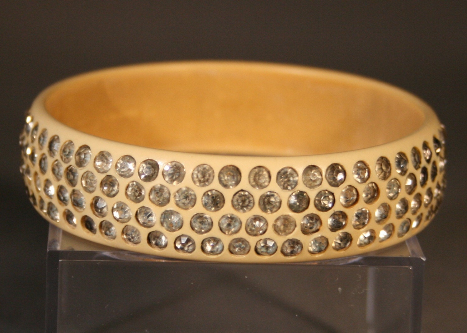 Wide Ivory Celluloid Bracelet with Smokey Rhinstones.