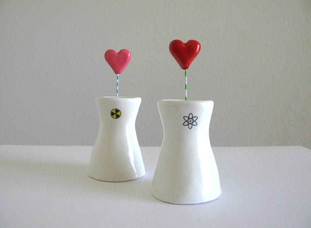 A Nuclear Love Story - miniature nuclear cooling towers with hearts - geeky wedding cake toppers  - white ceramic sculpture