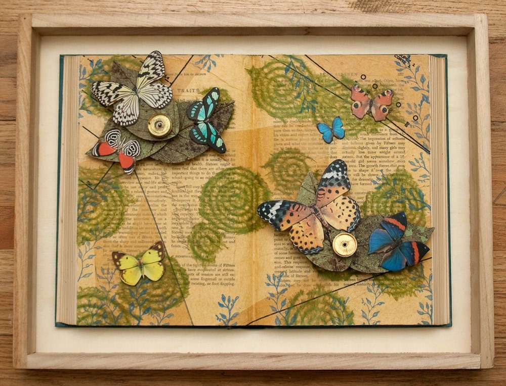 SALE - Whimsical Butterflies on Leaves, Mixed Media Altered Book Artwork