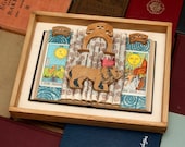 Whimsical Mixed Media Artwork, With Toy Wooden Lion and Book