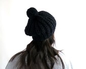 Monique Snow and Ski Hat in Black Merino Wool. Vintage Style PomPom Slouch Hat. Spring and Winter Fashion. Handmade in France.