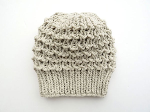 LouLou Knit Boho Style Slouch Hat in Pearl Beige Cotton. Romantic Lace Design. Spring and Winter Fashion Handmade in France.