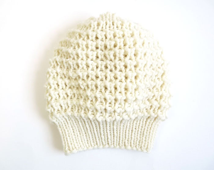 Emma Boho Style Knit Lace Slouch Hat in Soft Porcelain Ivory Merino Wool. Spring and Winter Fashion. Handmade in France.