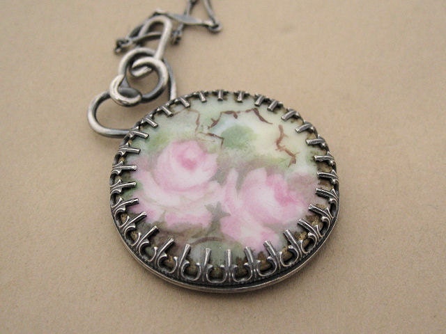 Vintage Roses Hand Painted Porcelain Button Necklace Sterling Silver pink green handmade