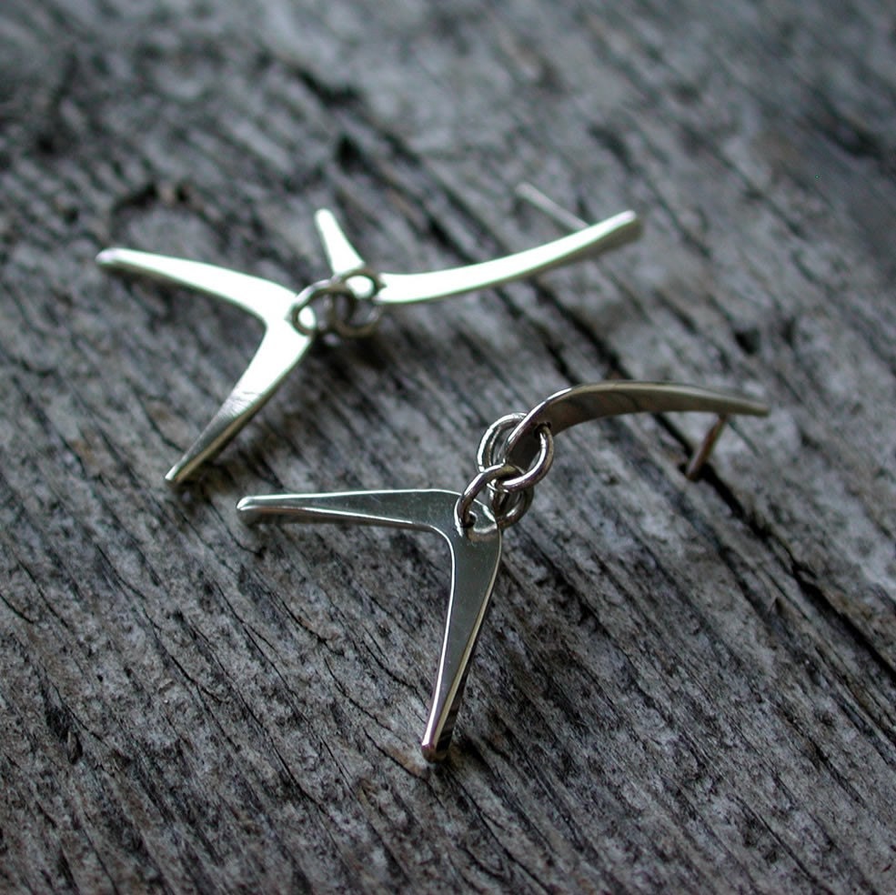 Retro Modern Earrings Hand Forged Boomerang Sterling Silver Dangles Googie Jewelry by SARANTOS