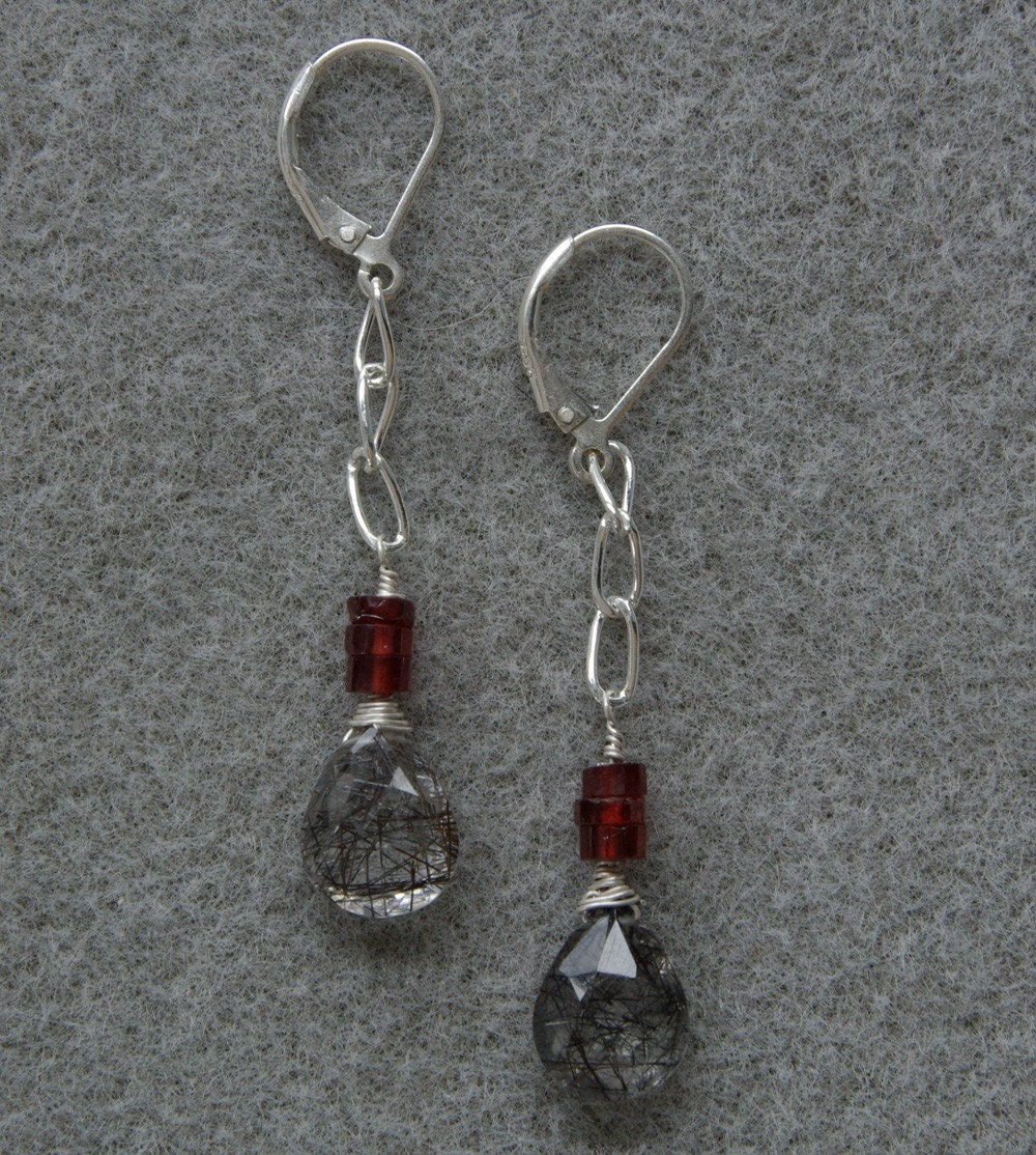 Garnets and Needles earrings with rutilated quartz, garnet and sterling silver