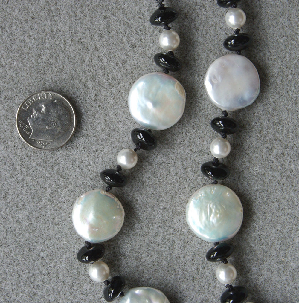 Black and Bright White handknotted necklace and earrings set with freshwater coin pearls, onyx and sterling silver