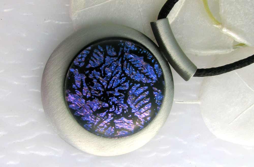 Dichroic Fused Glass Pendant on Brushed Silver 00860