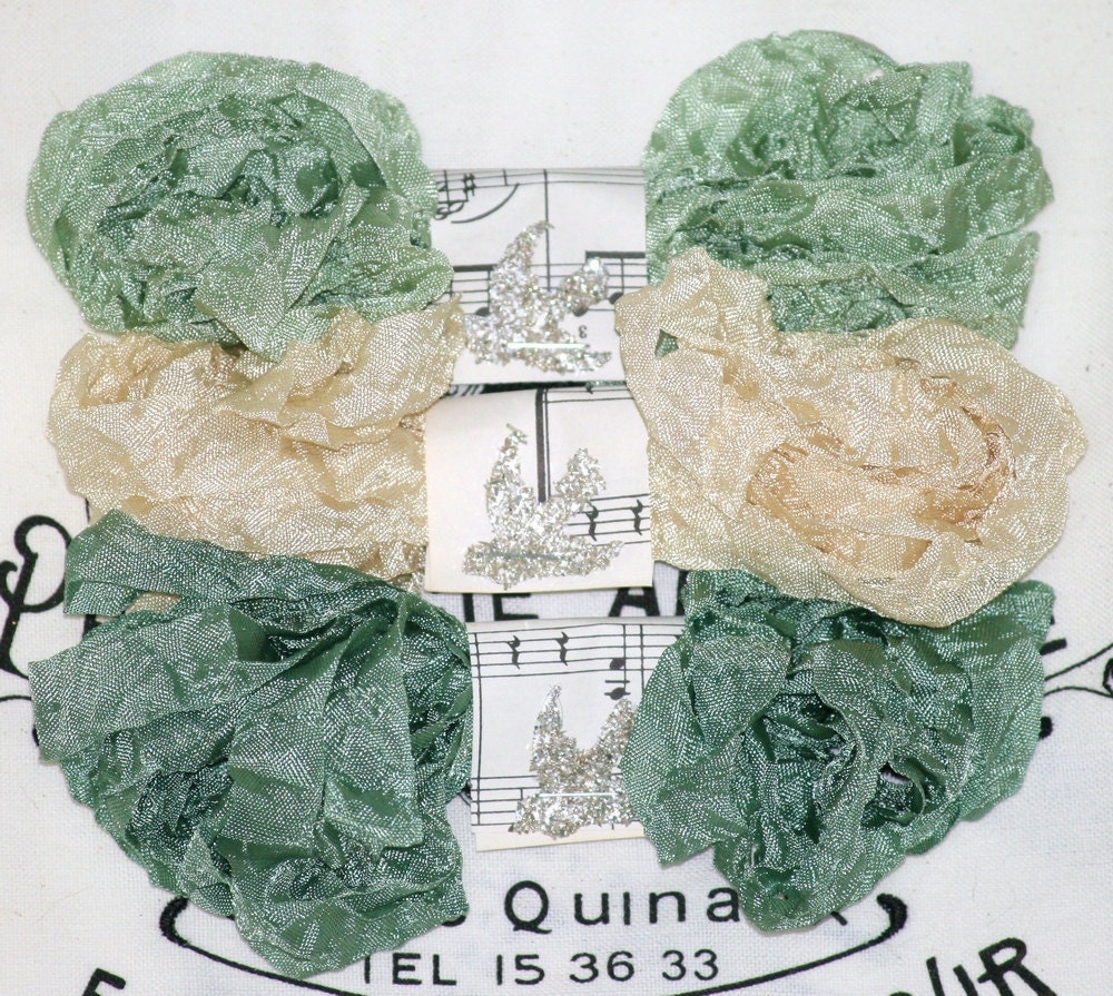 Seam Binding  - 15 yds  - Crinkled - Pastoral -  sage greens -  light beige
