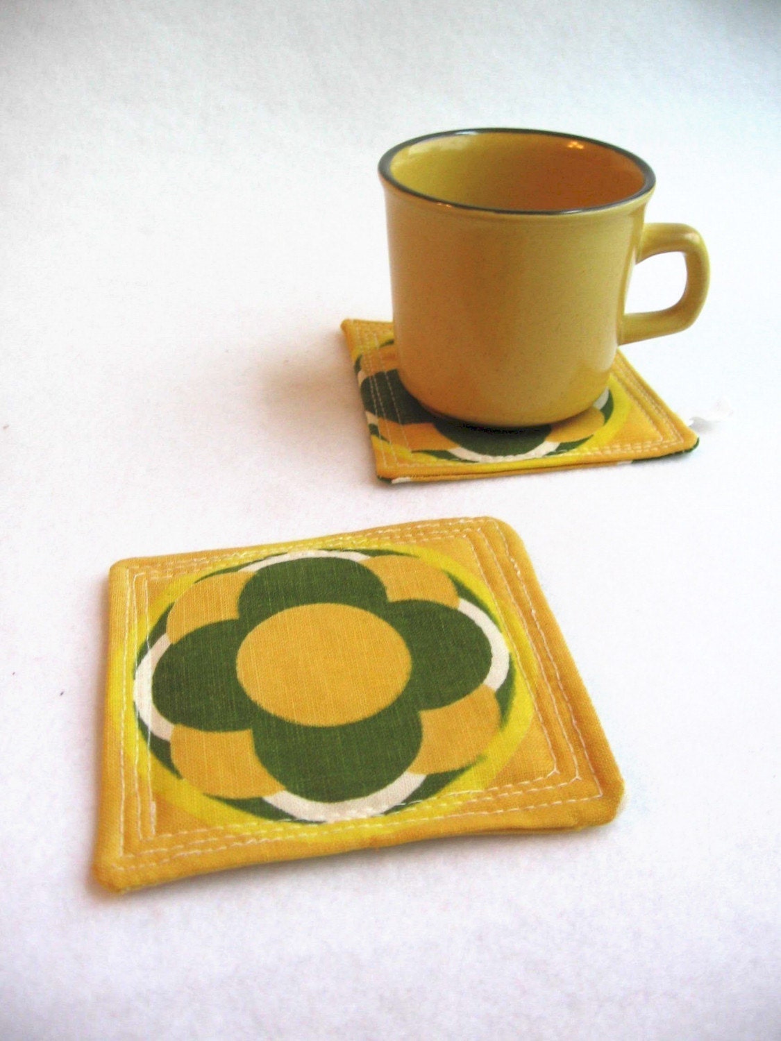 sale... vintage recycled fabric quilt coasters - set of 4 - in mustard yellow / goldenrod and sage green