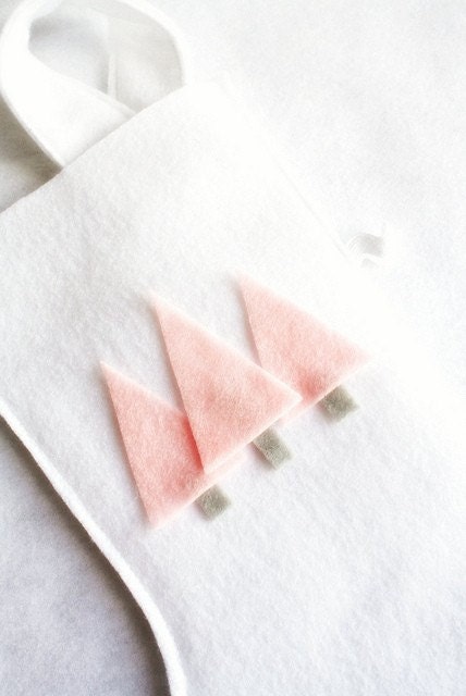 forest woodland trees Christmas Holiday felt stocking in pastel white, pink and gray for baby