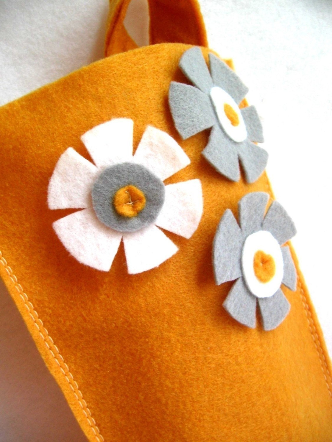 rikrak Christmas stocking in eco felt in golden mustard with grey / gray and white
