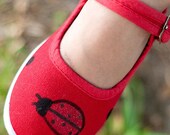 Ladybug Children's shoes - Hand painted full ladybug on red maryjane shoes for girls, baby or toddler