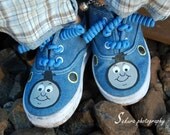 Boy shoes - Hand painted Thomas the Train inspired shoes - engine painted on denim for boys - infant and toddler