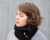 Black Cabled Wool Blend Scarfette with Wood Button infinity scarf cowl gift woman man under 30 50 midnight slate warm cozy elegant