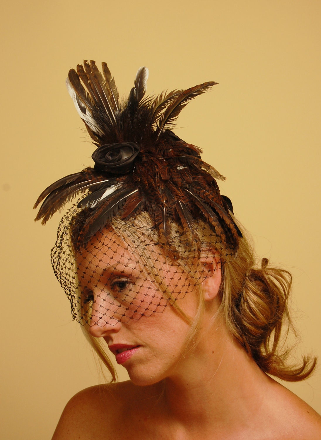 Black Rose Bridal Fascinator with cage veil