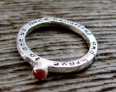 Custom Message Hand Stamped Personalized Secret Hammered Inscription Stack Ring with Stone in Sterling