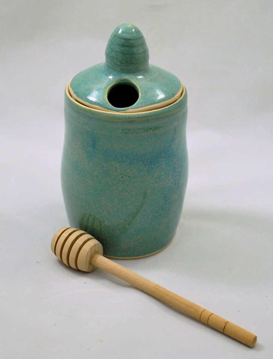Aqua Green Honey Pot Stoneware Pottery Free Shipping