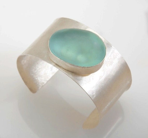 brushed silver cuff with seaglass pebble