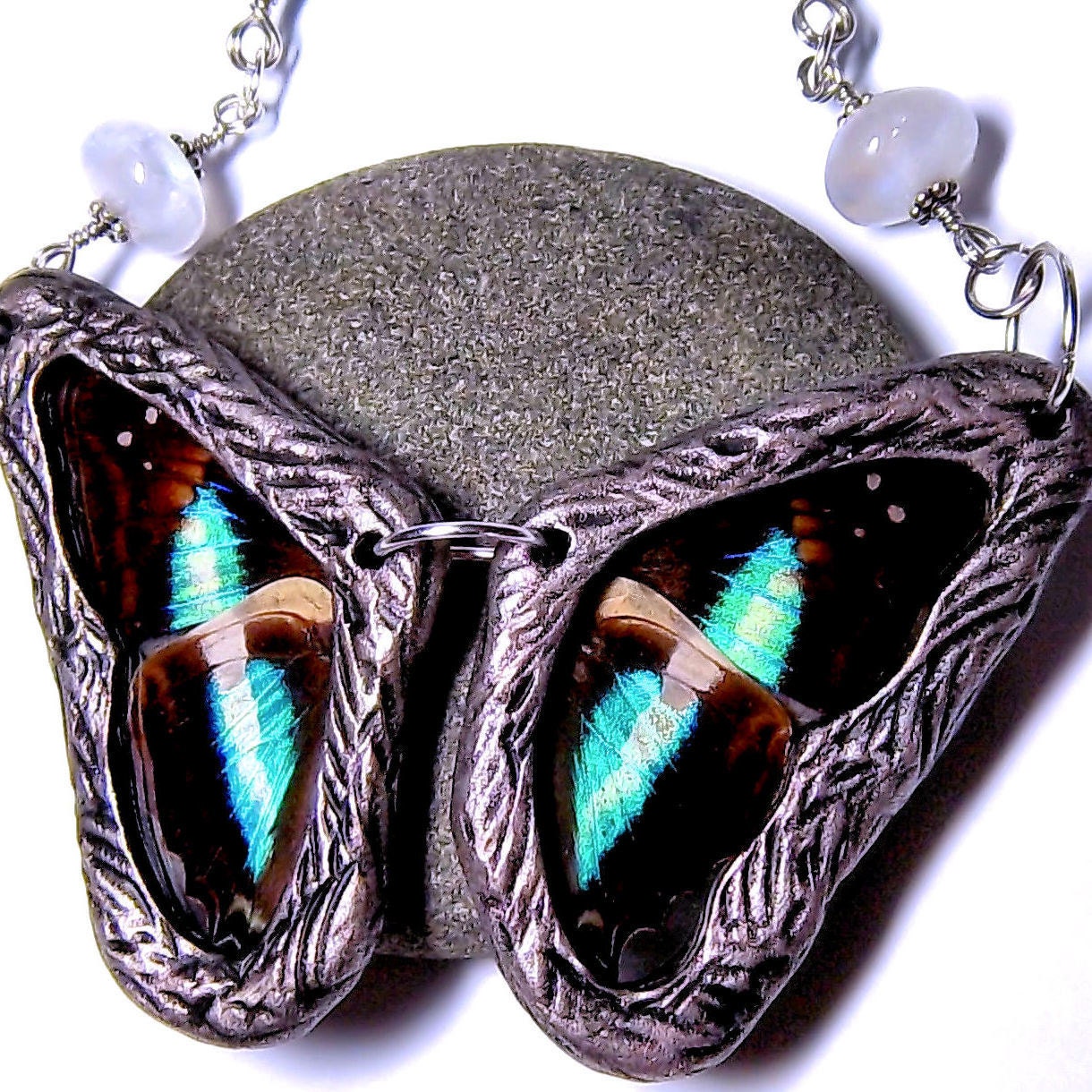 Real Butterfly Wing Necklace Butterfly Jewelry ENTIRE Butterfly LAVINIA EMPEROR Blue and Green