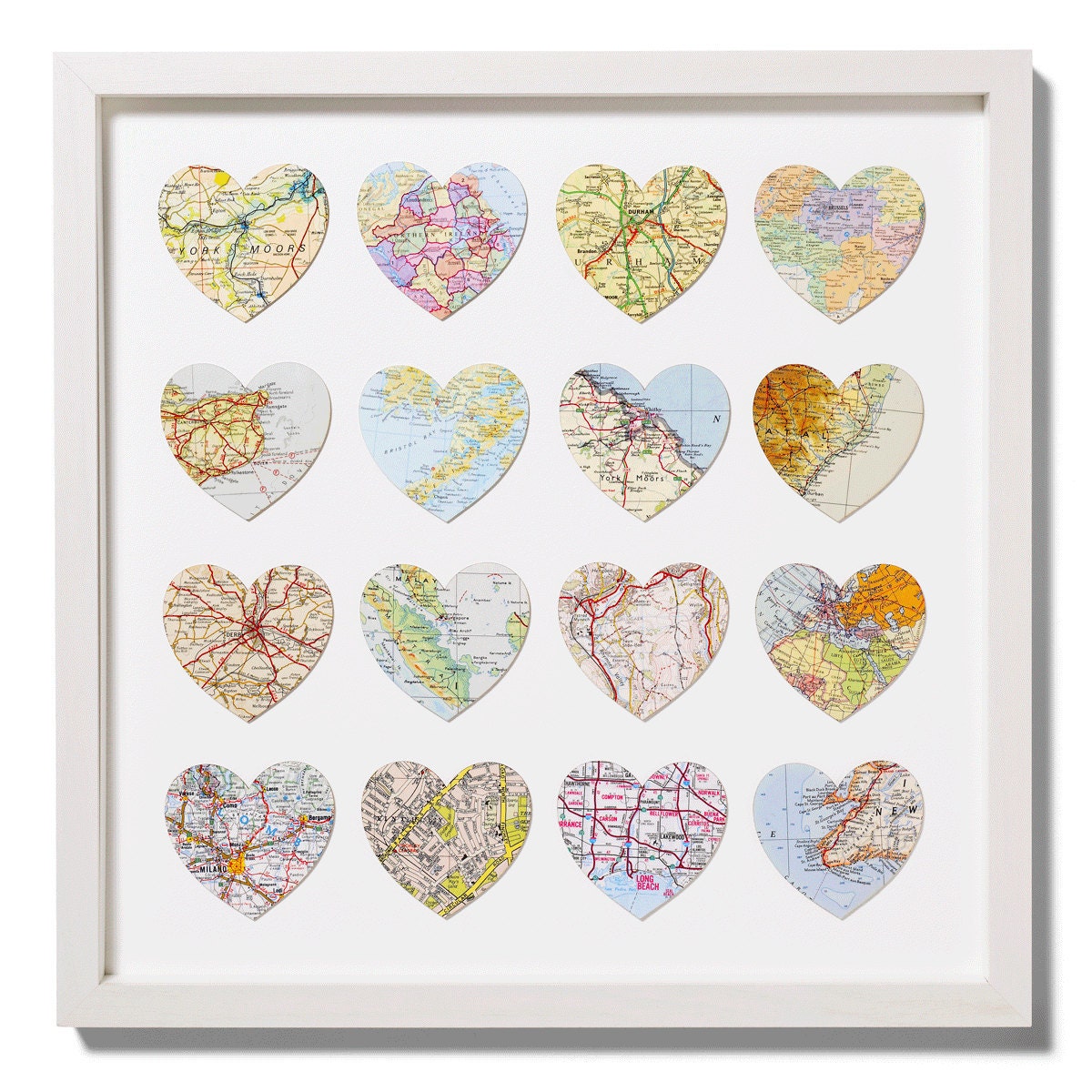 sixteen vintage map hearts - Unframed