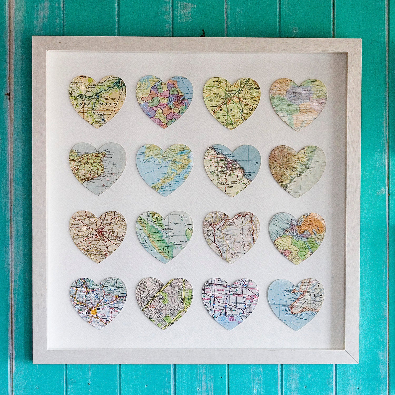 sixteen vintage map hearts - Unframed