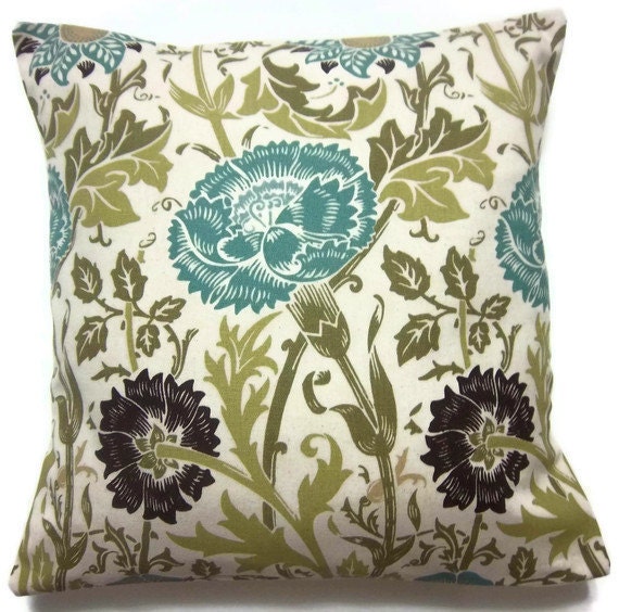 Two Turquoise Olive Brown Ecru White Pillow Covers Decorative Floral Design Toss Throw Accent Covers16 inch