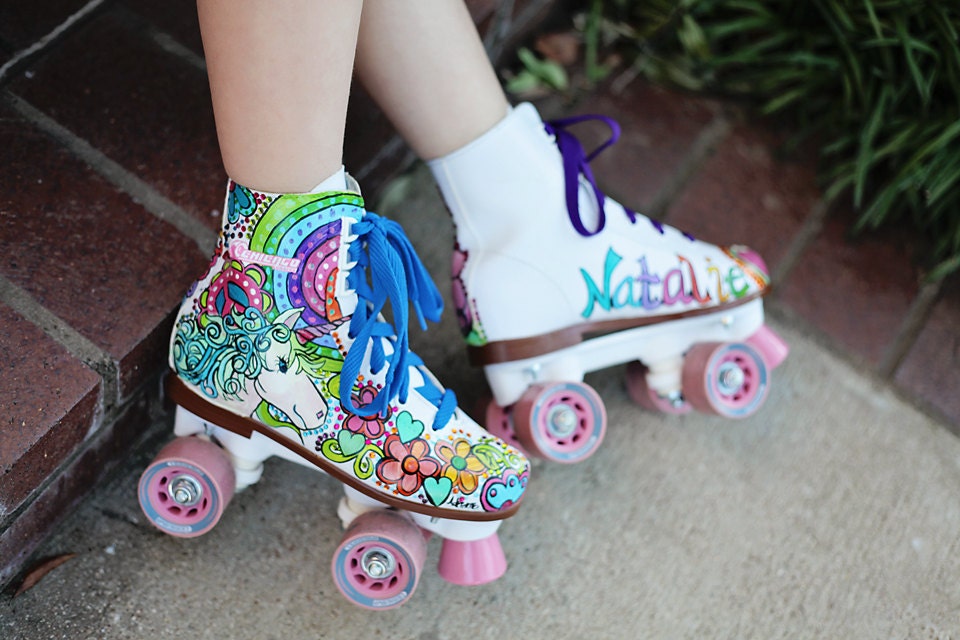 Custom Unicorn Peace signs Rainbows and Flowers Painted on Your Skates Design Fee only