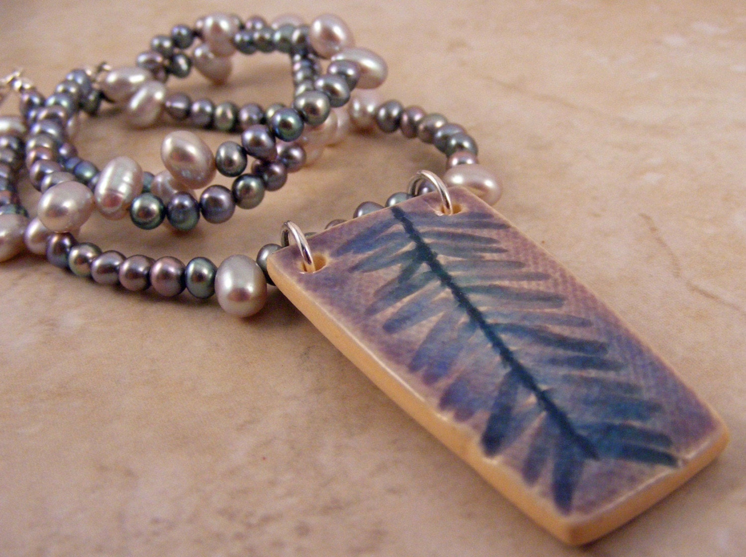 Beaded Necklace with Spruce Leaf Ceramic Pendant & Freshwater Pearls