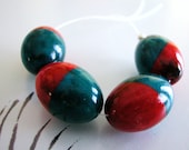 CLEARANCE 50% OFF  Handmade Beads Polymer Clay Red Teal Oval