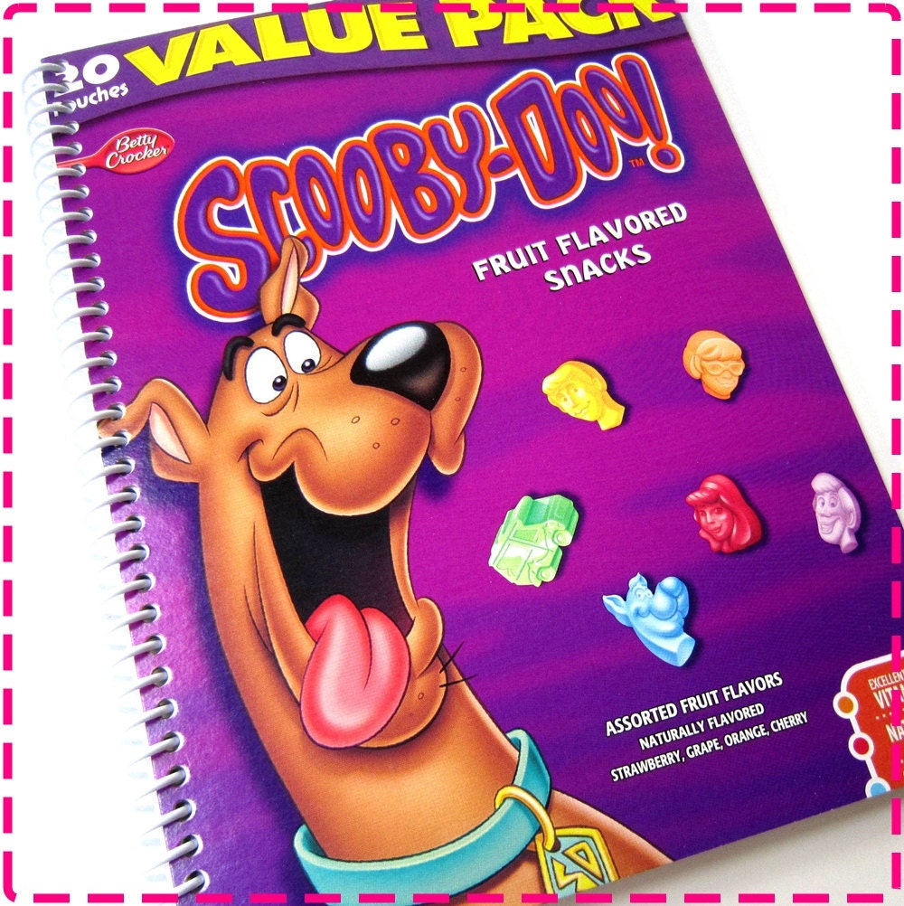 CARTOON DOG FRUIT Flavored Snacks Recycled Notebook / Upcycled Journal - Eco Friendly - Cherry Red, Orange, Purple Grape and Blue Strawberry